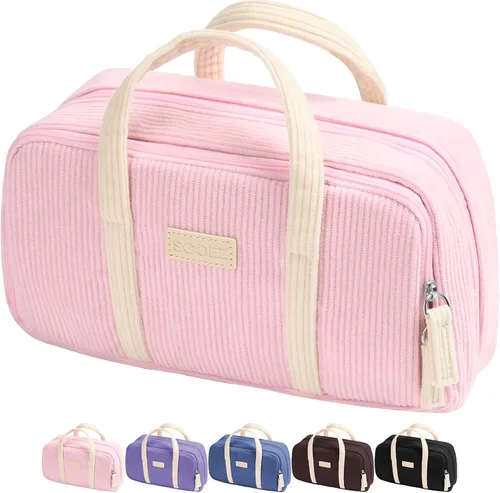 Miniatura 10 de Sooez Estuche grande para lápices, extra grande con 5 compartimentos, bolsa para bolígrafos de amplia apertura, organizador de pana suave con Beige
