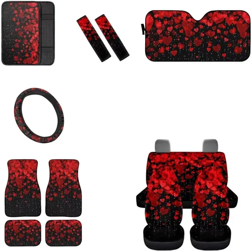 Miniatura 12 de Juego de 13 piezas de accesorios de automóvil de calavera con rosa roja, incluye fundas de asiento delantero y trasero, parabrisas de automóvil