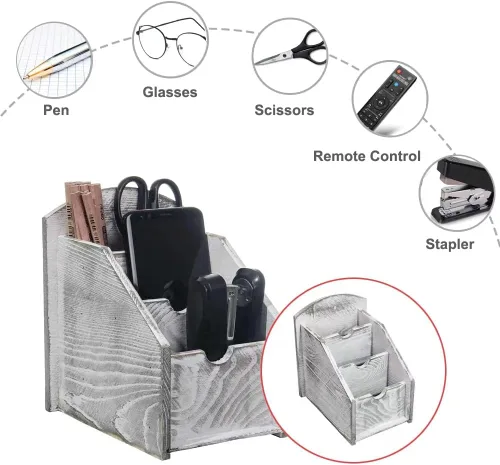 Miniatura 2 de Marco de control remoto de madera rústica de 3 ranuras, organizador de medios, estante de almacenamiento de suministros de oficina, caja de Gris