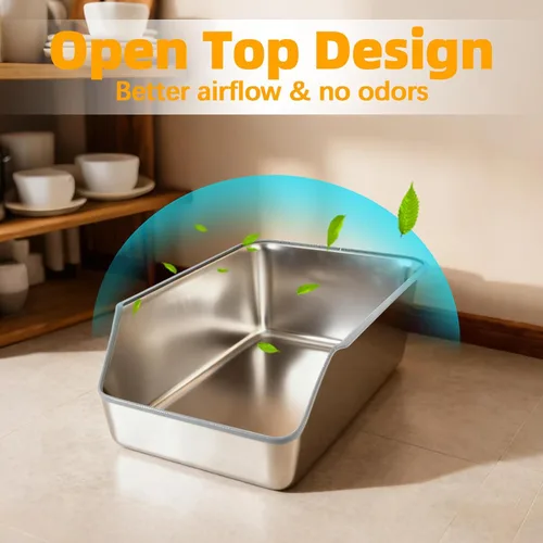 Miniatura 7 de Caja de arena para gatos de acero inoxidable con lados altos, bandeja de arena de metal extragrande para gatos, caja de entrada baja para gatos