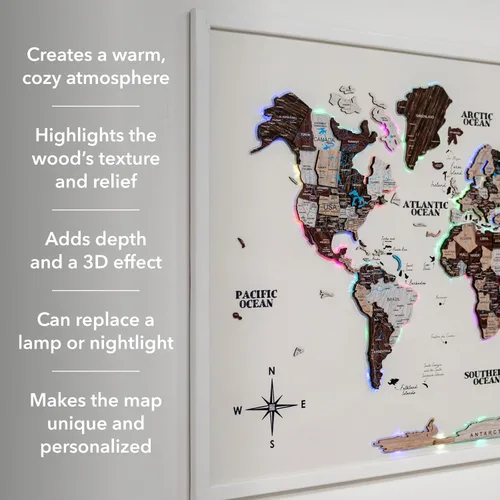 Miniatura 2 de Enjoy The Wood Mapa del mundo de madera a bordo con retroiluminación LED 2.0 - Mapas del mundo hechos a mano para pared con marco - Mapa de viaje