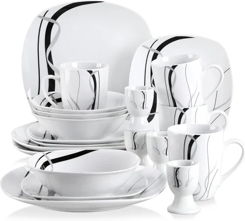 Miniatura 36 de VEWEET, Serie Fiona - Juego de vajilla de 30 piezas para 6 personas, blancos con rayas negras y grises, vajilla de porcelana de platos de postre