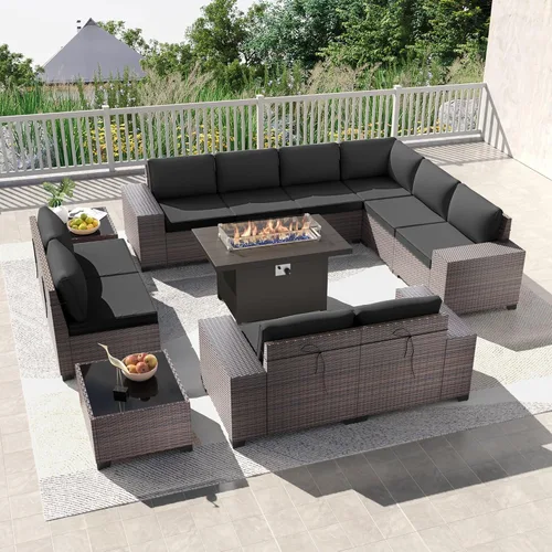 Miniatura 56 de Kullavik Juego de 13 muebles de patio al aire libre con mesa de fogata de gas propano de 43 pulgadas, 55000 BTU, mimbre de polietileno, sofá Arena