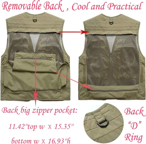 Miniatura 4 de Flygo Chaleco casual de varios bolsillos para hombre, uso al aire libre, para pescar, con fotos, safari, trabajo, viajes, chaleco