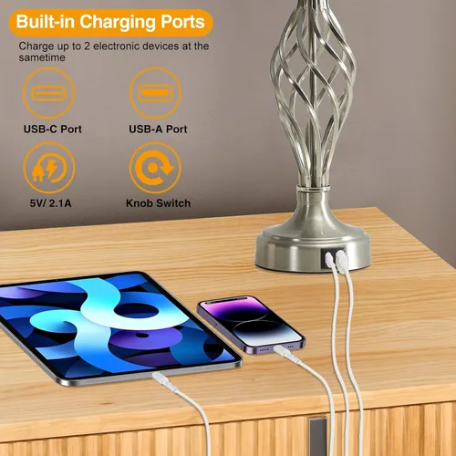 Miniatura 3 de Juego de 2 lámparas de mesa para dormitorio con puertos USB C+A, lámparas modernas de mesita de noche con base de jaula en espiral, pantalla de Base