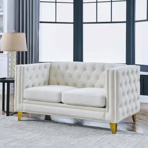 Miniatura 20 de Sofá moderno Chesterfield de terciopelo de 58 pulgadas, respaldos tapizados con brazos de cabeza de clavo, sofá biplaza para sala de estar