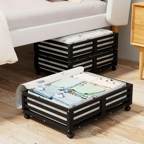 Contenedores de Almacenamiento de Bambú Bajo la Cama - Organizador Bajo la Cama con Ruedas con Bolsa Antipolvo de Gran Capacidad, Organizador