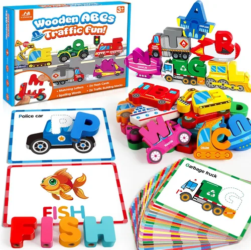Vanmor Rompecabezas de madera del alfabeto para niños pequeños, juego de palabras a juego con 52 bloques y tarjetas flash, juguetes de ortografía,
