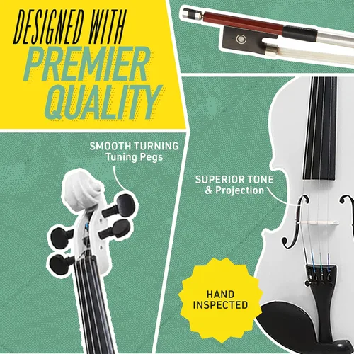 Miniatura 4 de Violín Mendini de madera sólida, libro de lecciones, cuerdas extra, sintonizador violín, arco y estuche, Blanco