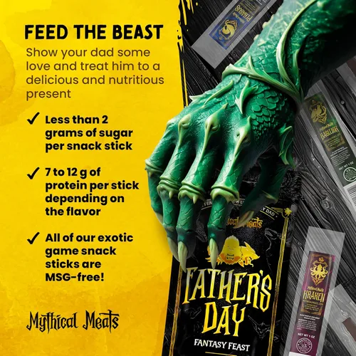Miniatura 7 de Mythical Meats Paquete de regalo de fiesta de fantasía para el Día del Padre, 10 palitos exóticos al azar y bocadillos de carne de res, carnes secas