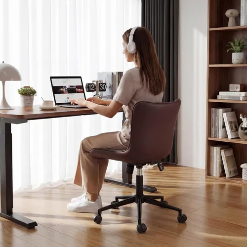 Miniatura 7 de YOUNIKE Silla de oficina marrón, silla de escritorio sin brazos con ruedas, sillas de tareas de oficina en casa, moderna silla mecedora giratoria
