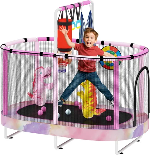 Miniatura 22 de LAMERGE Trampolín redondo 7 en 1 de 55 pulgadas para niños y niñas de 1 a 8 años, trampolín para interiores y exteriores para diversión, barandilla