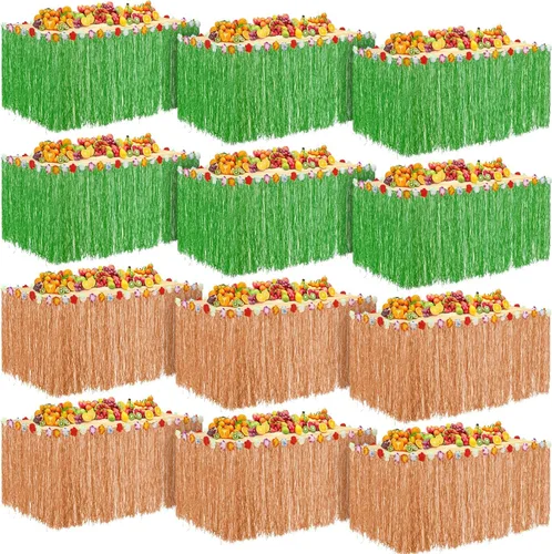 Miniatura 7 de Juexica Paquete de 8 faldas de mesa de hierba Luau de 9 x 30 pulgadas, falda de mesa hawaiana de flores de hibisco sintético, decoraciones de fiesta