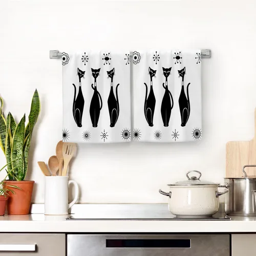 Miniatura 6 de Juego de paños de cocina decorativos estilo Mid Century Modern, lindos paños de cocina absorbentes con gato negro, paños de cocina, paños de mano