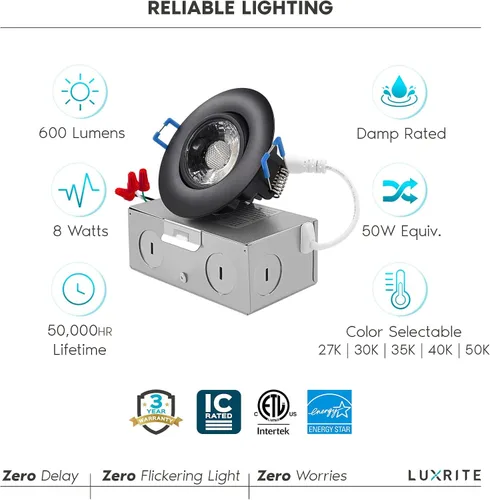 Miniatura 7 de LUXRITE Luz empotrable LED cardán de 3 pulgadas con caja de conexiones, 5CCT seleccionable por color 2700K-5000K, luces giratorias ajustables