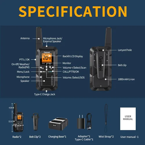 Miniatura 9 de Gaswei G2pro+ Walkie Talkies de Servicio Pesado para Adultos, Radios Bidireccionales Recargables de Largo Alcance de 2 Vatios, Clima NOAA, Radio FM