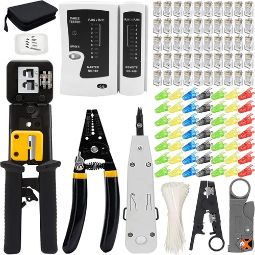 Miniatura 8 de LEATBUY Juego de crimpadoras CAT5 CAT6 RJ45, herramienta de crimpado Cat5e, 50 conectores, 50 cubiertas, probador de cables LAN de red, pelacables