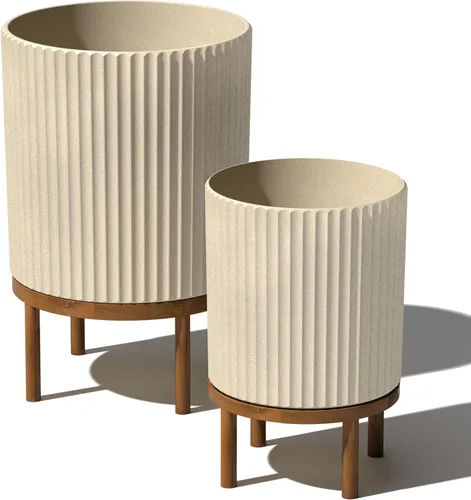 Miniatura 30 de Veradek Demi Series - Maceta redonda con soporte para porche o patio, compuesto de piedra de plástico duradero y soporte de madera, decoración