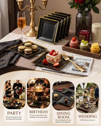 Miniatura 4 de bUCLA 100 platos cuadrados negros de plástico con borde dorado – Platos desechables de postre/aperitivo / pequeños pasteles de 6 pulgadas para Negro
