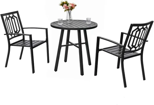 Miniatura 16 de PHI VILLA Juego de comedor de 3 piezas para patio al aire libre, mesa redonda de metal con listones y 2 sillas de patio, juego de muebles de Negro