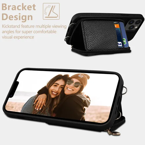Miniatura 4 de Funda para iPhone 13 Pro Max de 6.7 pulgadas, bolso cruzado con cremallera con bloqueo RFID, soporte de 10 ranuras para tarjetas, cordón desmontable
