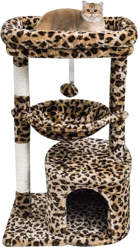 Miniatura 12 de SYANDLVY Árbol pequeño para gatos de interior, condominio para gatitos con poste rascador y tabla, torre de actividades moderna con cuna, beige