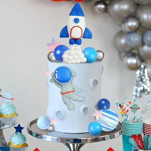 Miniatura 6 de Decoración para tartas espaciales de arcilla: figuras de astronauta, bolas de cohete, estrellas, decoraciones temáticas de espacio para niños