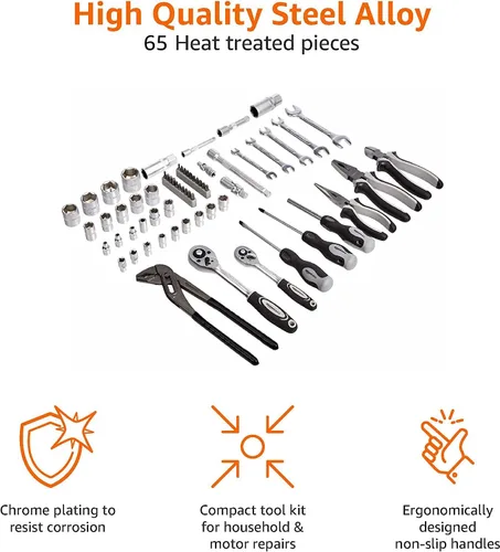 Miniatura 4 de Amazon Basics Juego de herramientas manuales de mecánico y reparación del hogar general de 65 piezas con estuche de almacenamiento, portátil, asas