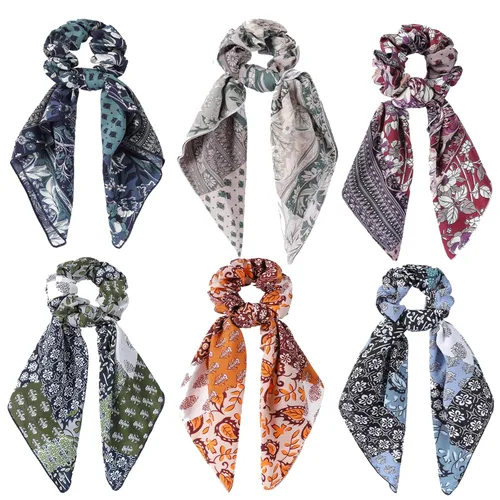 Miniatura 10 de Bufanda para el cabello, coleta de caballo con 6 bufandas, estampado de flores de cachemira, material de gasa, para mujeres y niñas, accesorios