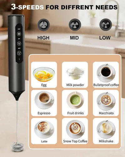 Miniatura 3 de Espumador de leche recargable de 3 velocidades con caja de almacenamiento, espumador de café de doble bobina de mano, varita espumadora de mano