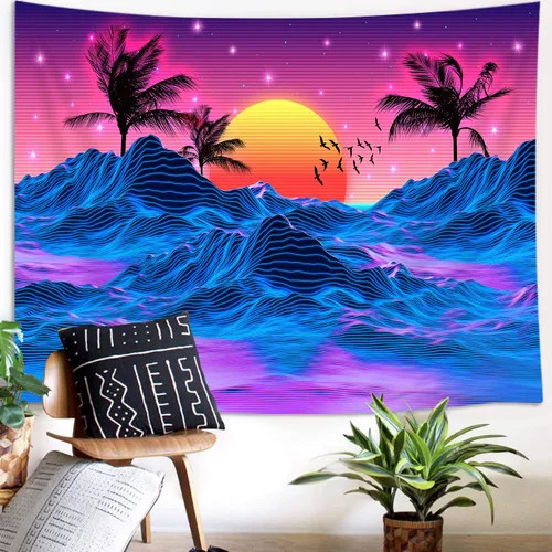 Miniatura 2 de JAWO Tapiz pequeño retro neón Trippy para hombres, fresco sol de montaña de los años 70 y 80, decoración de habitación estética, tapiz colgante