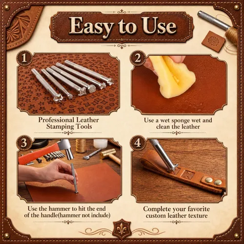 Miniatura 4 de Humyoun 10 piezas de herramientas de estampado de cuero, kit de sellos de cuero, herramientas para manualidades en cuero (patrón)