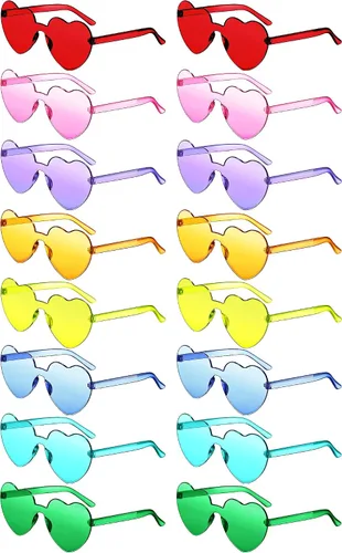 Colzzy 16 pares de lentes de sol en forma de corazón sin montura transparente color caramelo sin marco, gafas coloridas tintadas para fiesta
