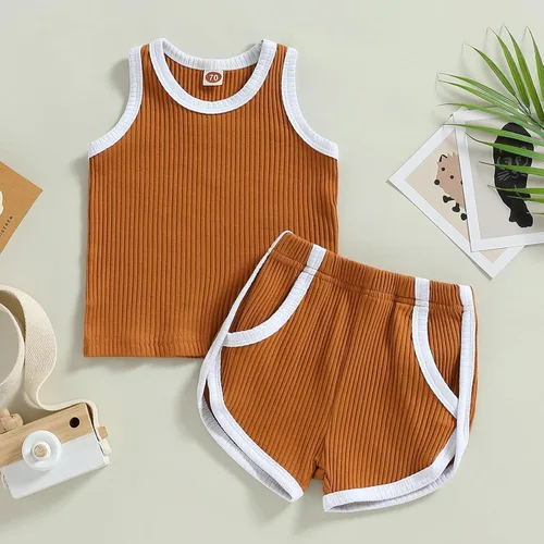 Miniatura 4 de Hoanselay Conjunto de pantalones cortos de verano para bebé, niña, niño, camiseta sin mangas y pantalones cortos casuales, conjunto de 2 piezas