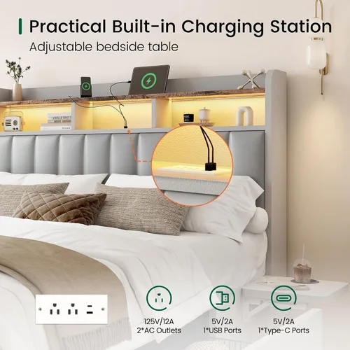 Miniatura 6 de BRELTAM Base de cama Queen con cabecero, 4 cajones de almacenamiento y escritorio ajustable integrado, estación de carga, fácil montaje, no necesita