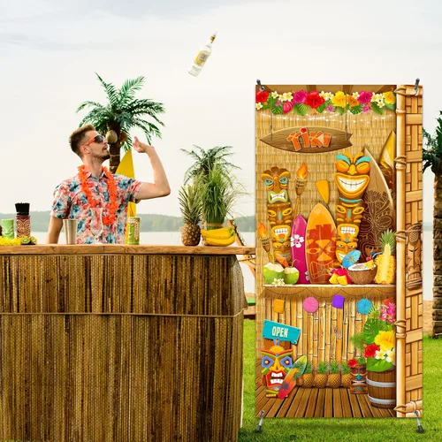 Miniatura 4 de Blulu Hawaiian Luau - Decoración de fiesta de Tiki para puerta, cartel de puerta de tótem, cartel tropical Aloha, telón de fondo hawaiano de verano
