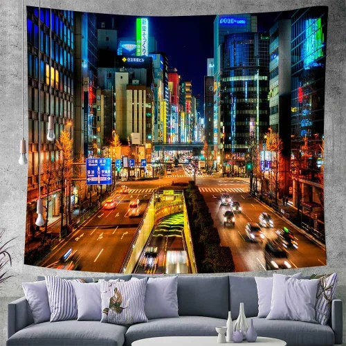 Miniatura 4 de Aidatain Tapiz de ciudad japonesa, paisaje urbano de Japón, tapiz de pared, tapiz de escena nocturna de Tokio, tamaño 84 x 90 pulgadas, tapices