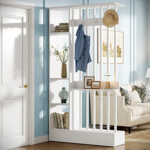 Miniatura 10 de Tribesigns Divisor de pared de habitación, estantería independiente de madera con estantes y ganchos para abrigos, partición de pared moderna de 71