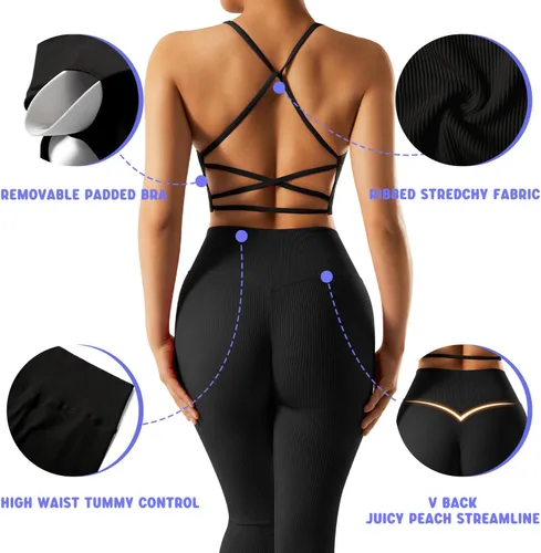 Miniatura 2 de OMKAGI Conjunto de entrenamiento acanalado para mujer, sin costuras, brasier deportivo con tiras y levantamiento de glúteos