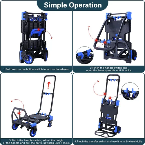 Miniatura 5 de Carro de mano 2 en 1 plegable, carrito de mano de capacidad de 330 libras, carrito de mano plegable con mango retráctil, carretilla de mano plegable