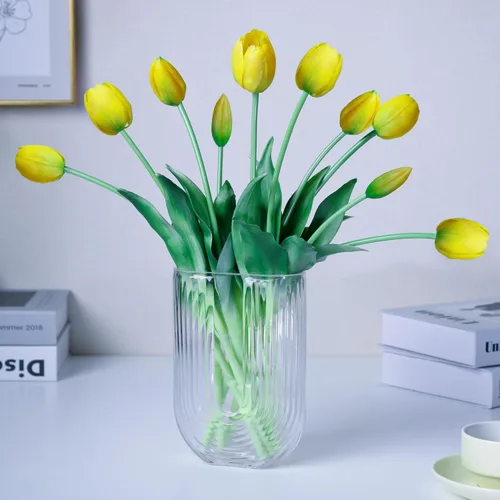 Miniatura 10 de Tulipanes falsos de tacto real premium de 16 pulgadas, flores artificiales con brotes, tallo flexible fácil de moldear, tulipanes sintéticos