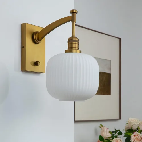Miniatura 4 de Pathson Milk White Glass Wall Sconce with Switch, Hardwired Wall Vanity Light, Mid-Century Vintage Wall Lamp Fixture or Living Room Farmhouse Brass