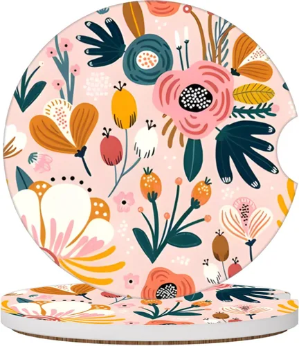 Miniatura 13 de Posavasos de automóvil con diseño de arcoíris y flores beige para portavasos de automóvil, paquete de 2 posavasos para mujeres y hombres, 2.56