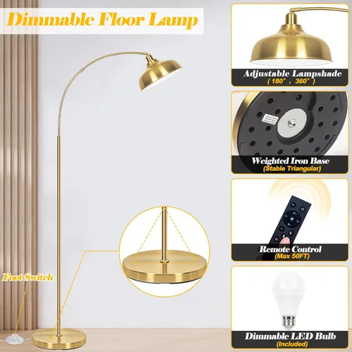 Miniatura 3 de Lámparas de pie doradas para sala de estar - Lámparas de pie de arco con bombilla de 9W, pantalla de metal ajustable 360°, lámpara de pie regulable