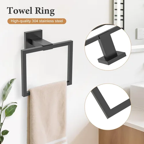 Miniatura 2 de TURS Juego de 3 toalleros negros con anillo para toallas, gancho para toallas de baño, de acero inoxidable, montaje en pared.