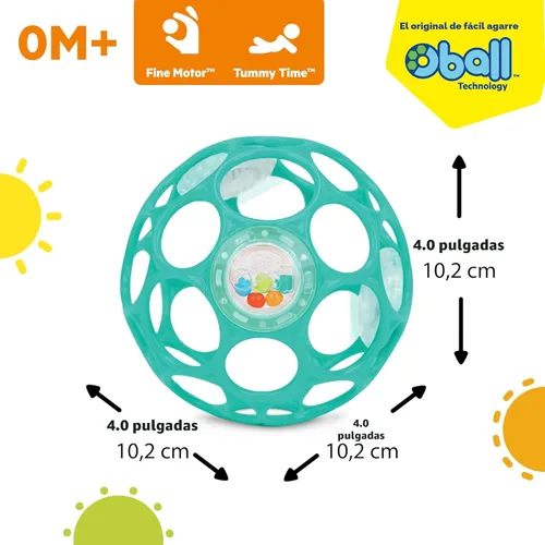 Miniatura 8 de Bright Starts Oball - Sonajero fácil de agarrar sin BPA, juguete infantil en color verde azulado, edad recién nacido y más, 4 pulgadas