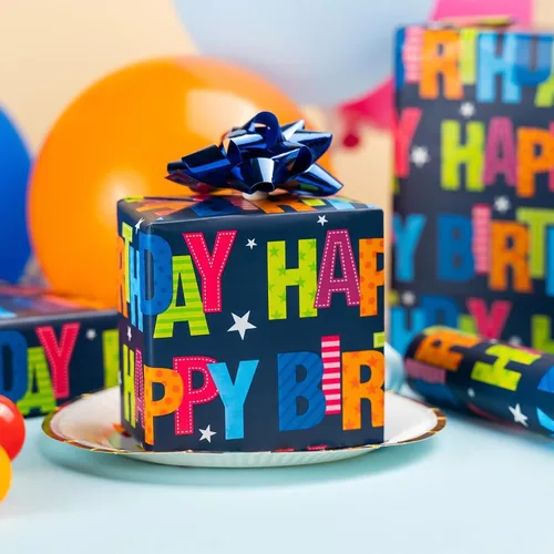 Miniatura 3 de Garbendy Papel de regalo de cumpleaños – Mini rollo – 17 pulgadas x 16.5 pies – Coloridas letras felices en papel azul papel de regalo perfecto