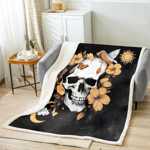 Manta gótica de calavera para niños, manta de forro polar con diseño de colibrí y flores rústicas para sofá de dormitorio, manta ligera exótica de