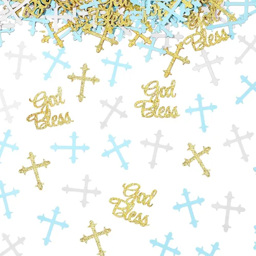Marspark 300 piezas de confeti de bautismo con purpurina para decoración de mesa de Dios bendiga para bautismo, primera comunión, baby shower, Blanco