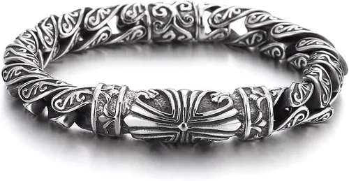 COOLSTEELANDBEYOND Estilo retro Tribal, pulsera de cadena de eslabones vintage con dije de cruz de acero para hombre, cierre de resorte, 8.7 pulgadas